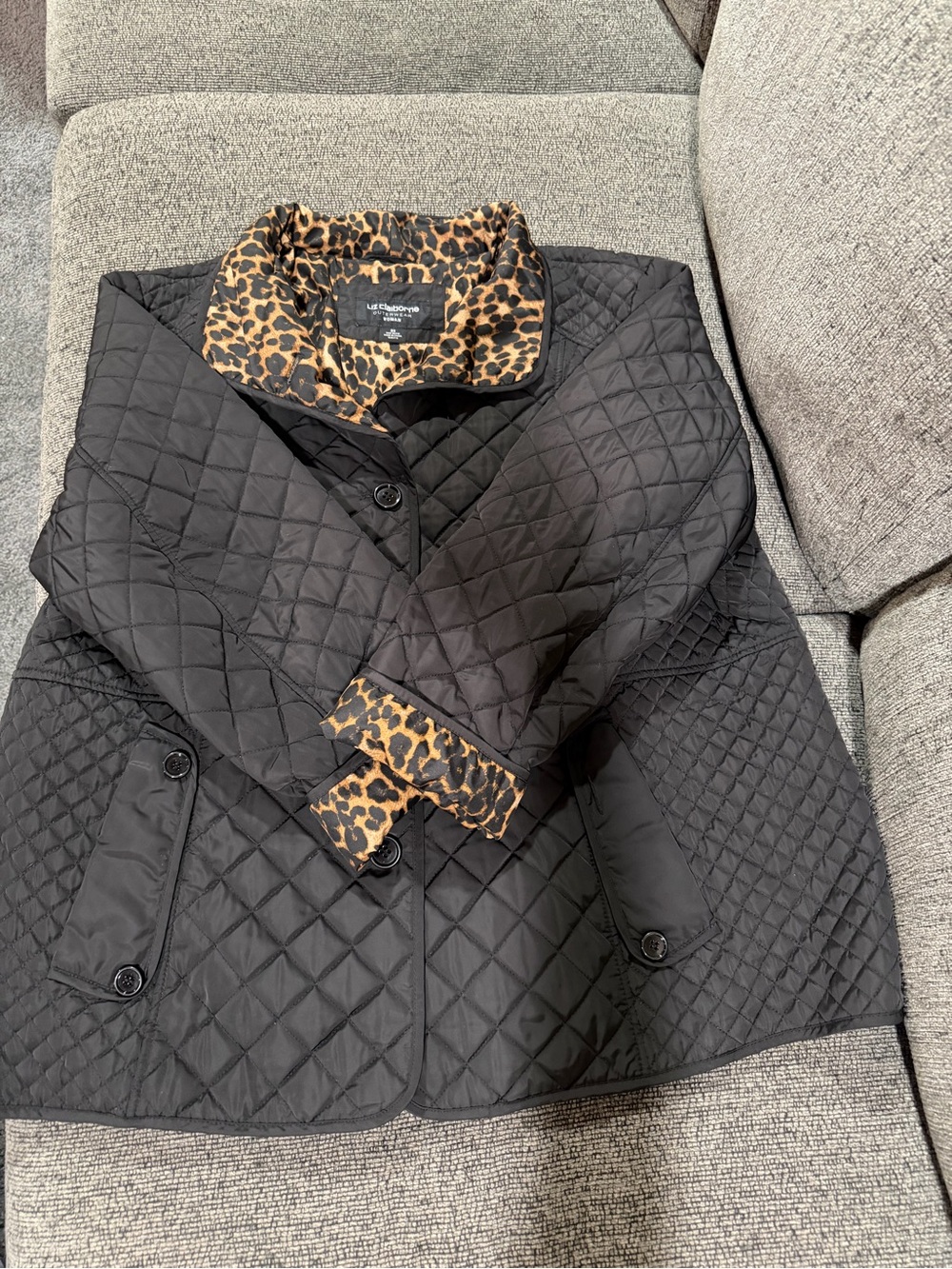 Liz Claiborne Black Quilted Puffer Jacket with Leopard Trim NWOT